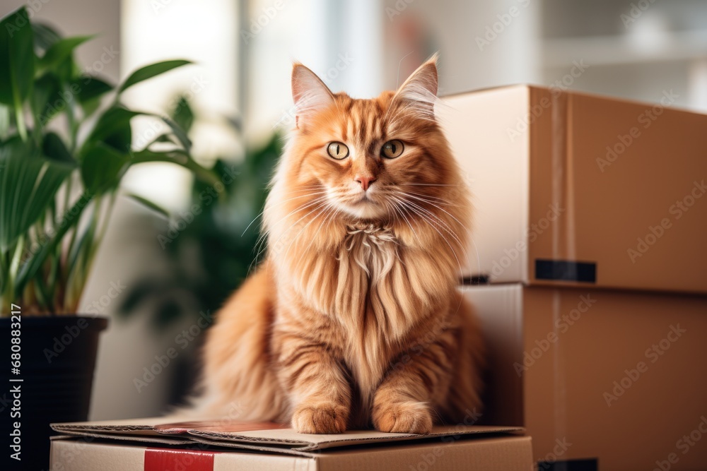 cat sitting near stack of cardboard boxes. cat sitting near stack of cardboard boxes.