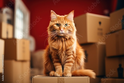 cat sitting near stack of cardboard boxes. © sirisakboakaew