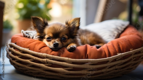 Small chihuahua dog resting on pet bed at home © sirisakboakaew