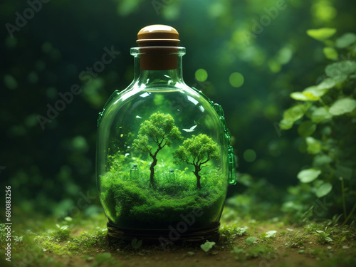 Tree in a glass bottle on nature background. Nature conservation concept.