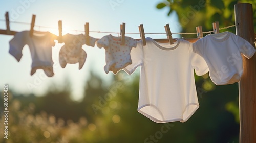 photograph of White baby clothes hanging on laundry line outdoors. photo