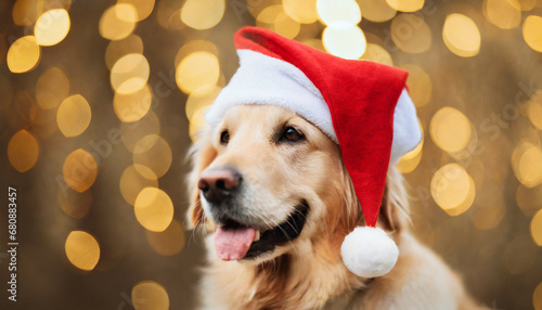 Golden retriever dog with Santa hat on golden bokeh background