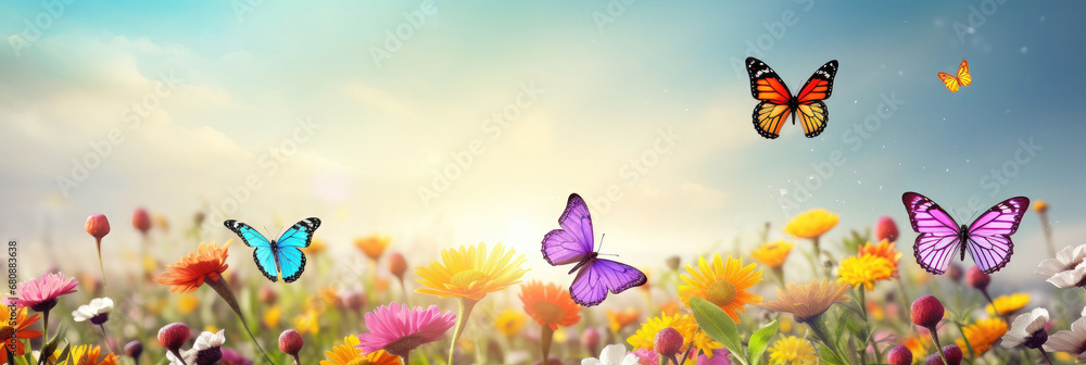 Vibrant meadow with colorful butterflies hovering over blooming flowers under a sunny sky