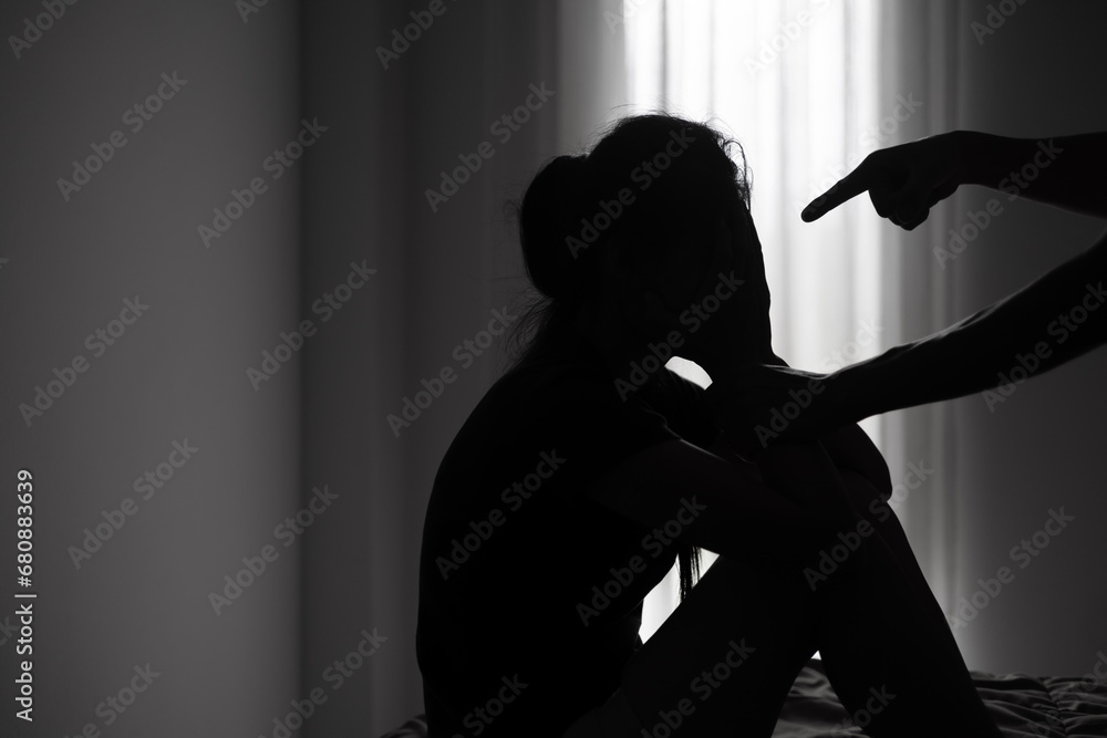 Young depressed woman, domestic and rape violence,beaten and raped sitting in the corner, Domestic violence. Copy space. - obrazy, fototapety, plakaty 
