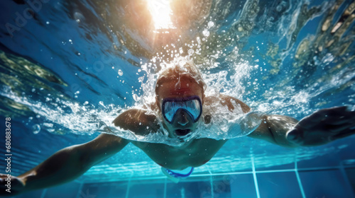 Swimmer in goggles glides underwater with sunlight streaming through blue pool water