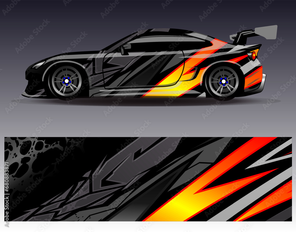 Fototapeta premium Car wrap design vector.Graphic abstract stripe racing background designs for vehicle, rally, race, adventure and car racing livery