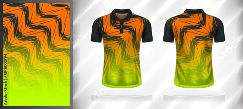 Vector sport pattern design template for Polo T-shirt front and back with short sleeve view mockup. Dark and light shades of green with orange-yellow color gradient abstract texture background.