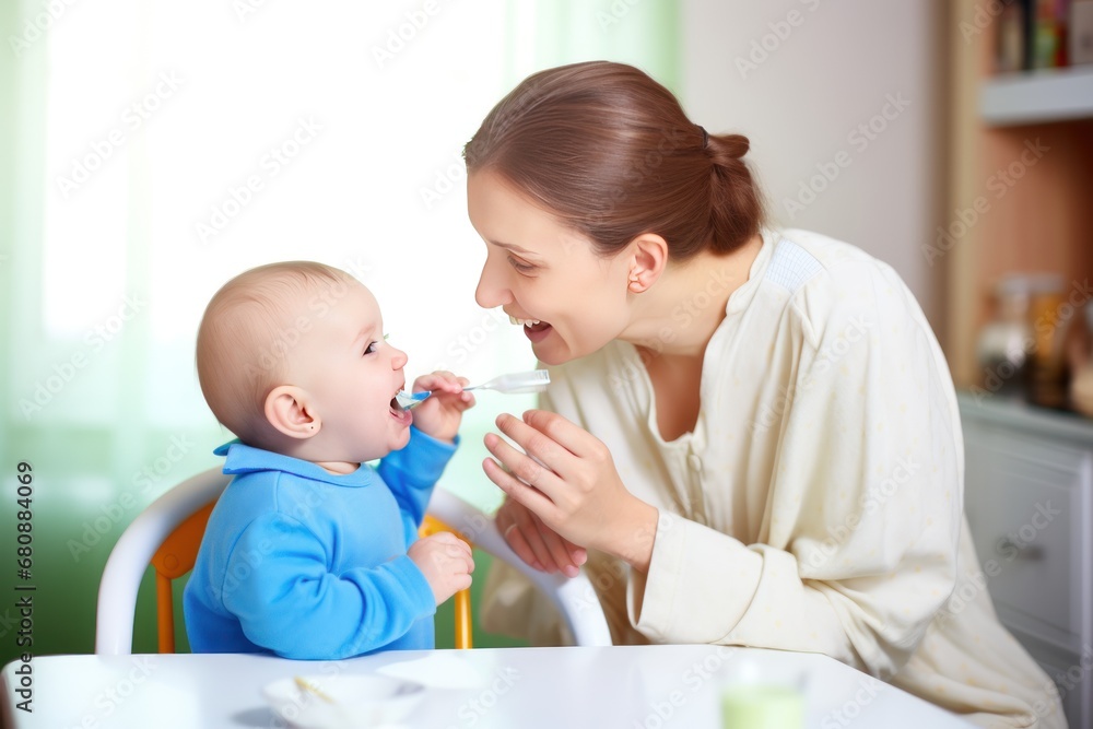 Caucasian mother smiles feeding little toddler son with milk cereal from spoon. Mom spends time with baby feeding with spoon of delicious food for kids. Family spends time Caucasian mother smiles feeding little toddler son with milk cereal from spoon. Mom spends time with baby feeding with spoon of delicious food for kids. Family spends time