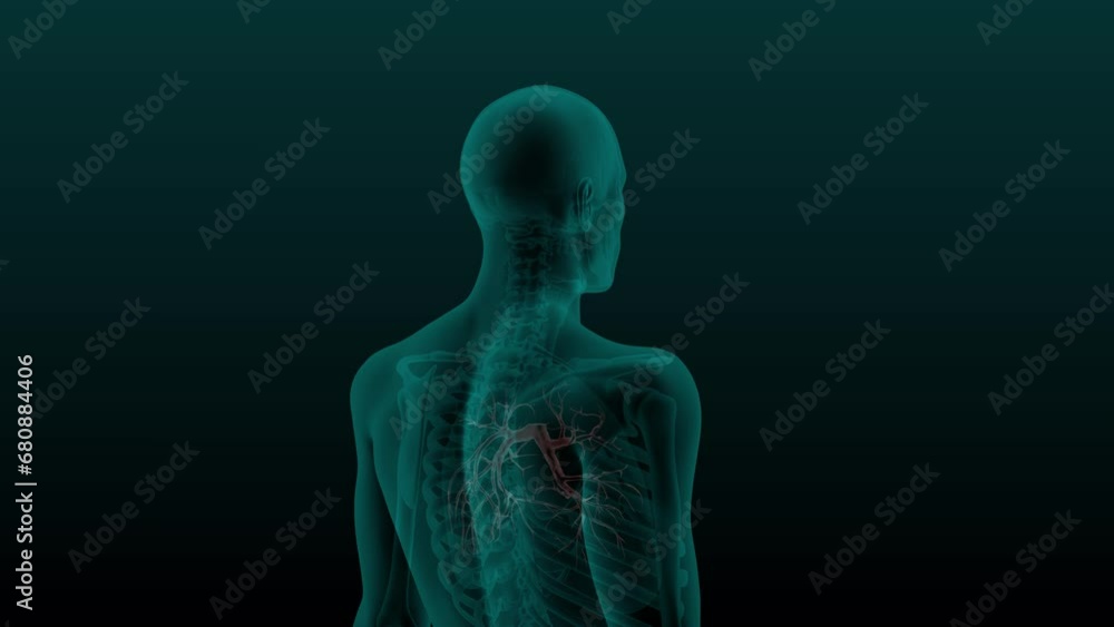 X-ray scan of the human chest with visible organs of the respiratory system - bronchial tree. Computer 3D animation 4k video X-ray scan of the human chest with visible organs of the respiratory system - bronchial tree. Computer 3D animation 4k video