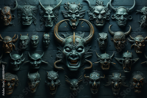 Multiple black demon faces on a terrifying horror-themed wall.