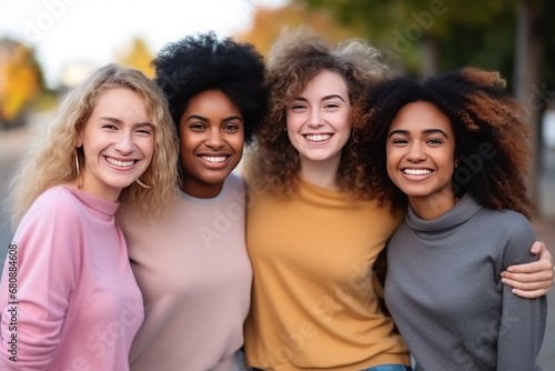 Women of different nationalities interact by smiling and embracing friendship. Women of different ages nations races standing around smiling showing support. Support between different women.