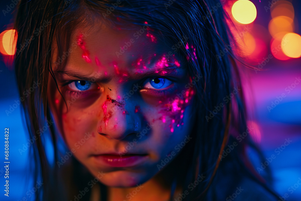 Blue-eyed girl with rebellious stance in front of multiple tech screens. Blue-eyed girl with rebellious stance in front of multiple tech screens.