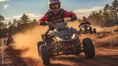 Racing quad bike on dirt track in the mountains, desert during sunset. Extreme sport. photo