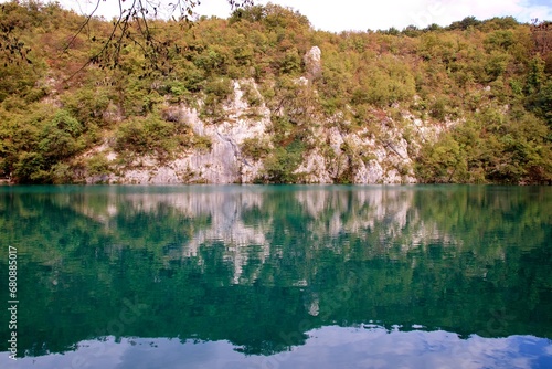 The beautiful lakes with green water surface at Plitvice lakes  Croatia