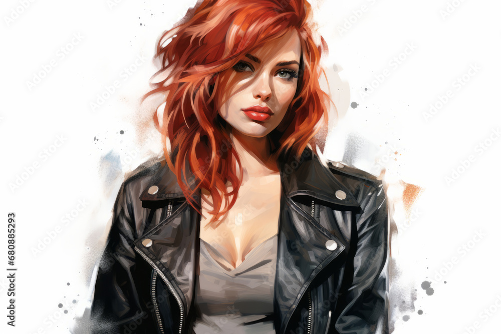 Fashion illustration of young woman with red hair that is standing against white background
