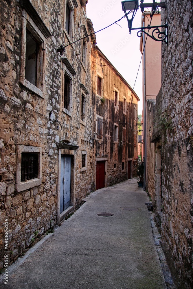 The historical center with narrow streets at town Skradin, Croatia