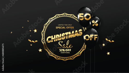 Merry Christmas sale promotion poster banner with product display and decoration background