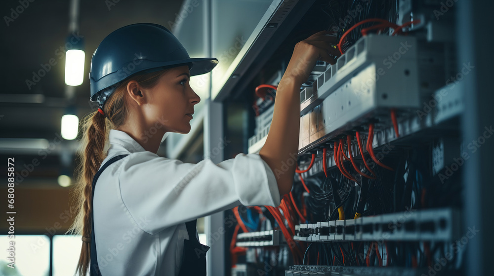Female electrician troubleshooting indoors Female electrician troubleshooting indoors
