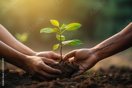 Male and female hands stretching out towards each other and holding tree sapling.