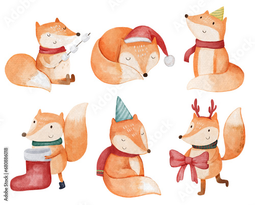 Fox . Christmas theme . Watercolor paint cartoon characters . Isolated . Set 1 of 4 . illustration .