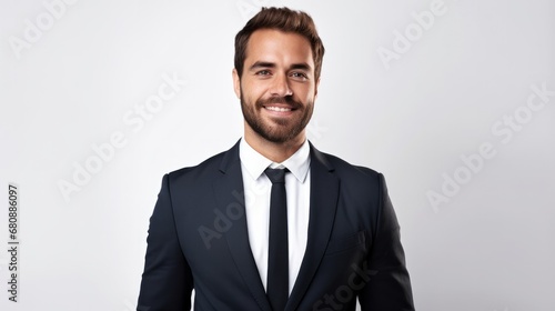 Portrait of handsome caucasian man in formal suit looking at camera smiling with toothy smile isolated in white background. Confident businessman ceo boss freelancer manager