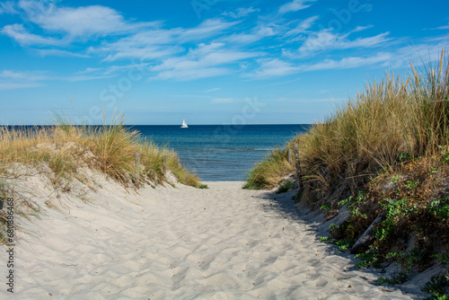 Path between the sand dunes overlooking the sea and a  ship