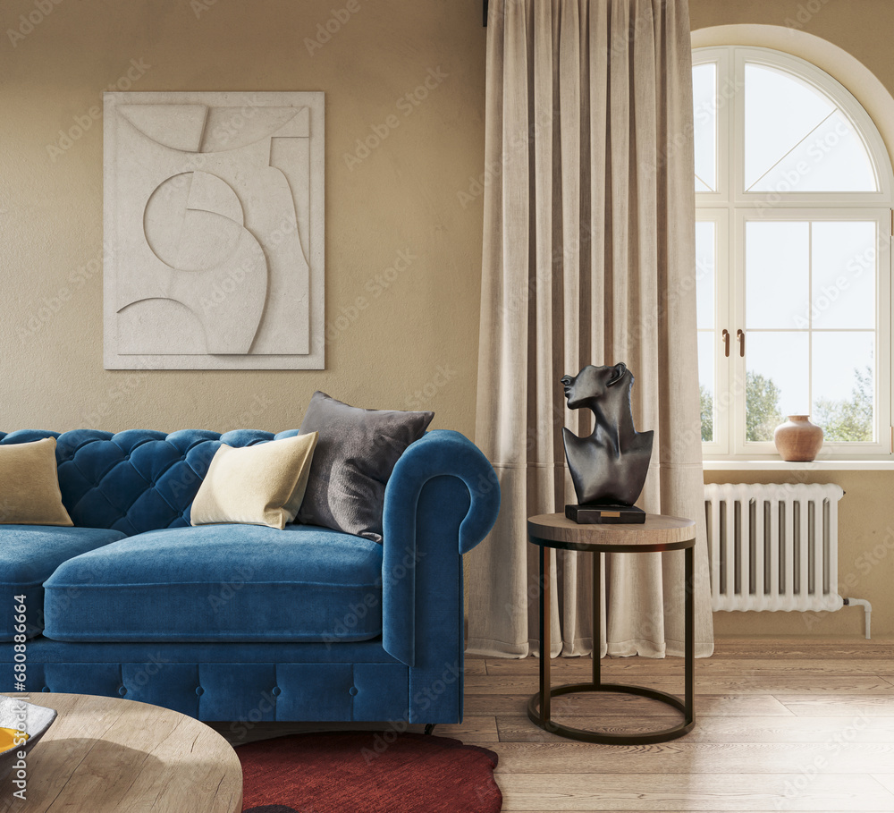 Contemporary home apartment with blue Manchester sofa in cozy living room interior. Wall mockup, 3d rendering - obrazy, fototapety, plakaty 