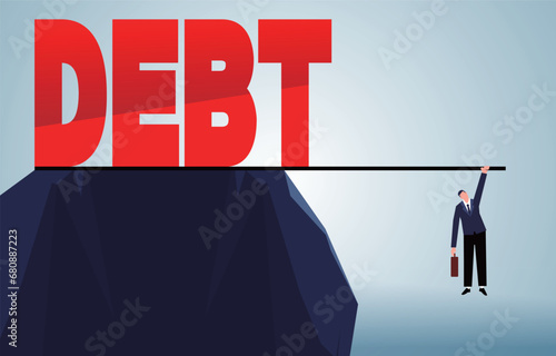 Debt problems and debt risks, bank mortgage problems or crises, debt repayment problems, businessmen hanging on sticks being crushed by debt at the top of a mountain