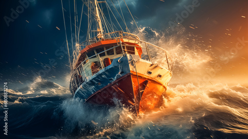 Fishing trawler in stormy sea, 3d render. 
Fishing boat in wavy ocean at sunset photo