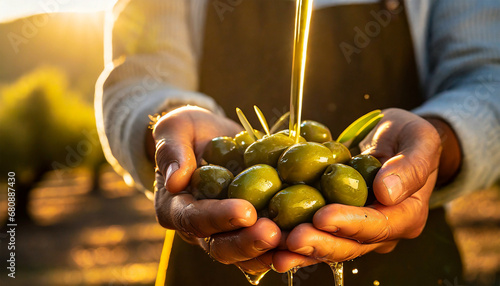Close-up of two wrinkled hands (cupped hands full of fresh olives) of a farmer showing harvesting green olives bathed in a flowing, liquid olive oil.
