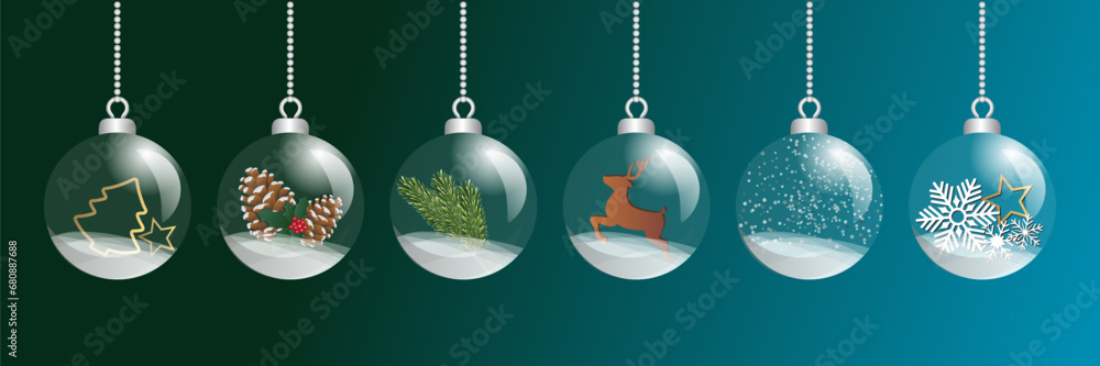 Naklejka premium 6 boules de Noël transparentes avec à l’intérieur des petits objet décoratifs : sapin, pomme de pin, branche, cerf, neige, étoile, snowflake sur un fond dégradé du vert au bleu,