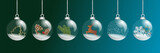 6 boules de Noël transparentes avec à l’intérieur des petits objet décoratifs : sapin, pomme de pin, branche, cerf, neige, étoile, snowflake sur un fond dégradé du vert au bleu, 