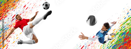 Modern creative collage with two male sportsman, professional volleyball and soccer player in motion against colorful splashes with negative space for text.