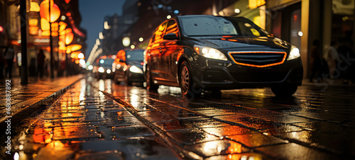 Illuminated diverse cars on a rain-drenched city lane © Emiliia