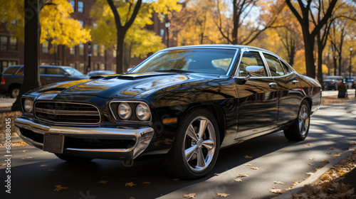 Black vintage car parked under autumn trees © Emiliia