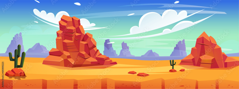 Africa nature desert landscape with dry ground, vector illustration of a hot, endless desert with sandy dunes and cacti,  arizona, panoramic with mountains and blue sky. suitable for game background - obrazy, fototapety, plakaty 