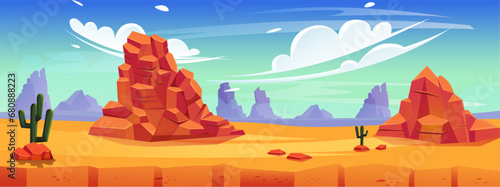 Africa nature desert landscape with dry ground, vector illustration of a hot, endless desert with sandy dunes and cacti,  arizona, panoramic with mountains and blue sky. suitable for game background photo