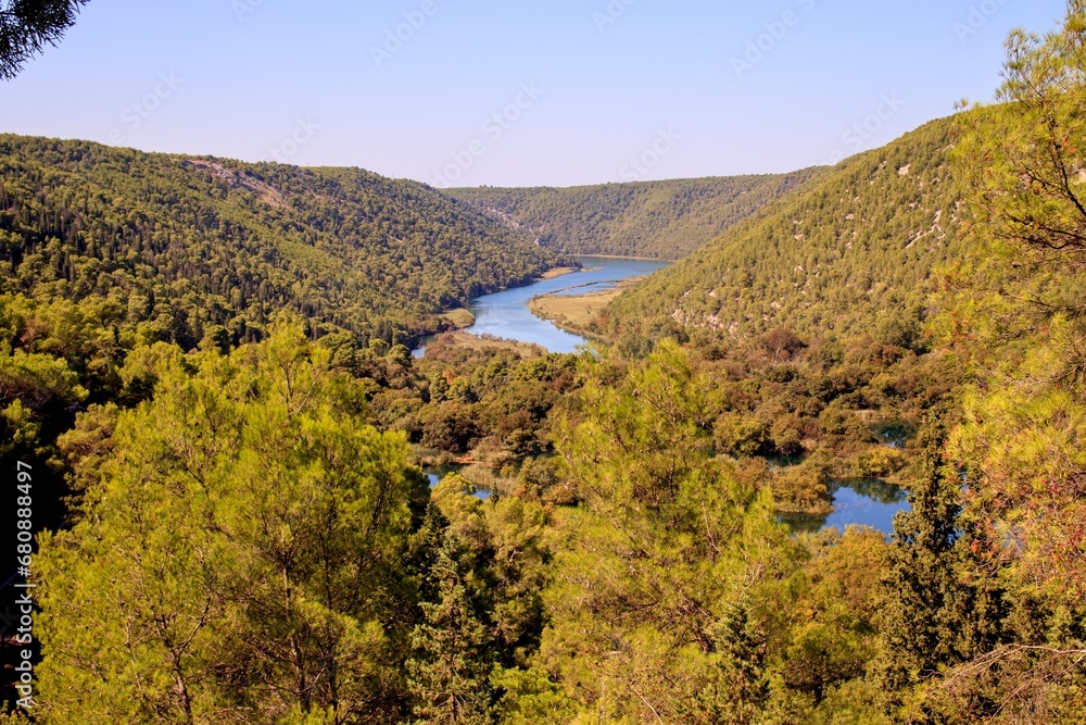 A view to the national park Krka with the river in valley at Krka, Croatia A view to the national park Krka with the river in valley at Krka, Croatia