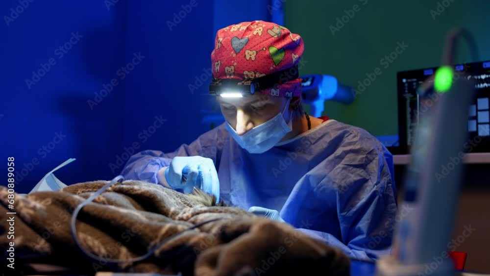 A professional veterinarian performs an operation on a dog lying on the operating bed. The animal hospital is the work of a professional. High quality 4k footage A professional veterinarian performs an operation on a dog lying on the operating bed. The animal hospital is the work of a professional. High quality 4k footage