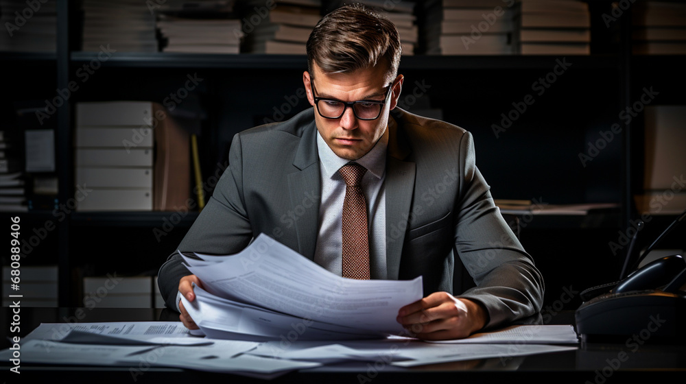 Man looking into files sitting in office chair ai generative Stock