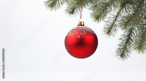 Red, green, silver, Christmas ball hanging on a Christmas tree branch