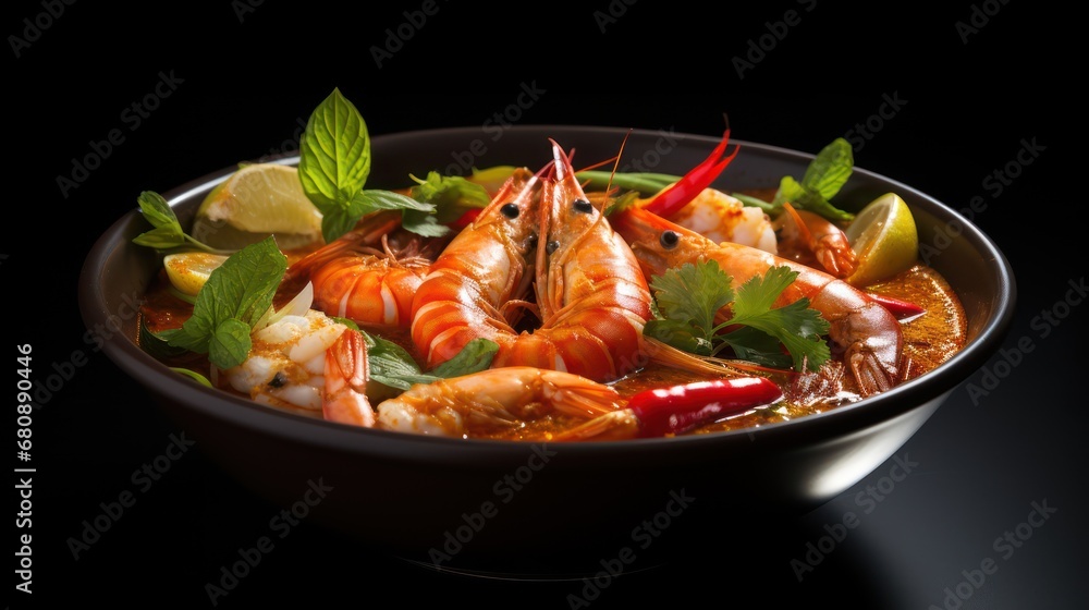 A Big bowl of shrimp tom yum dramatic studio lighting and a shallow depth of field, placed on a white background surface, hot steam.