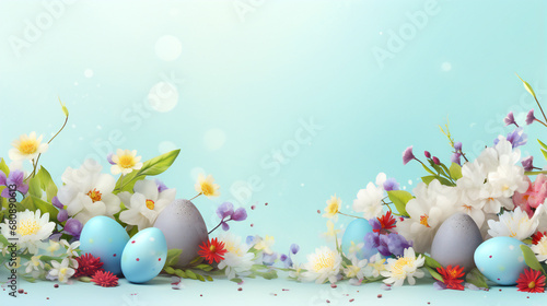 Colorful Easter eggs with spring blossom flowers on soft blue background. 