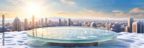 Glass table top on beautiful landscape snow winter city sunlight background - can be used for display or montage your products. High quality photo.