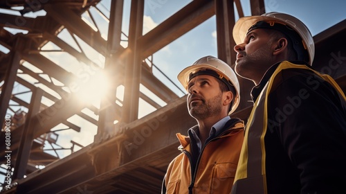 A Structural engineer and foreman standing looking ahead, focused faces, view from below.