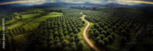 Panoramic view of large palm plantation. Deforestation rainforest for sake of oil palm plantations. Banner. Arial view. photo