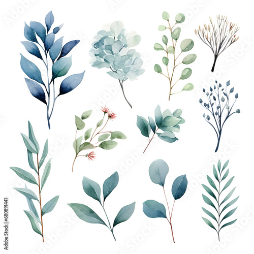 The set of watercolor flowers and leaves elements, illustrations, ai generatives