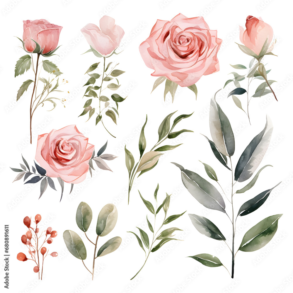 The set of watercolor roses and leaves elements, illustrations, ai generatives