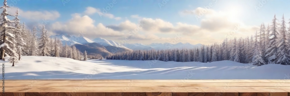 Wood table top on beautiful landscape snow winter sunlight background - can be used for display or montage your products. High quality photo.