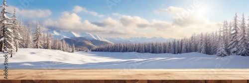 Wood table top on beautiful landscape snow winter sunlight background - can be used for display or montage your products. High quality photo. © Анастасия Комарова